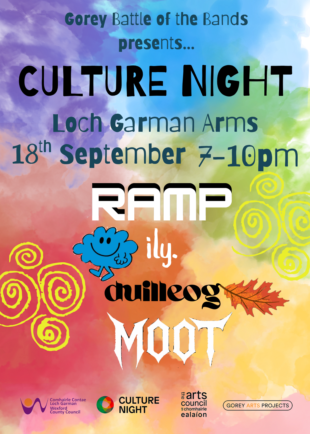 Poster for Gorey Battle of the Bands Culture Night Showcase at Loch Garman Arms on 18 September, 7 to 10pm, featuring RPM, ily, Duilleog and Moot.